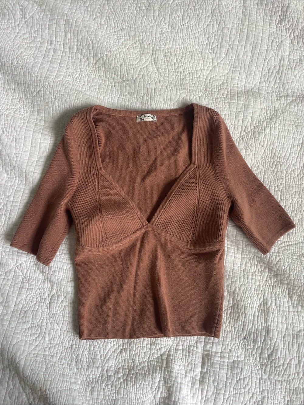 Free People Brown Knit V-Neck Short Sleeve Top
